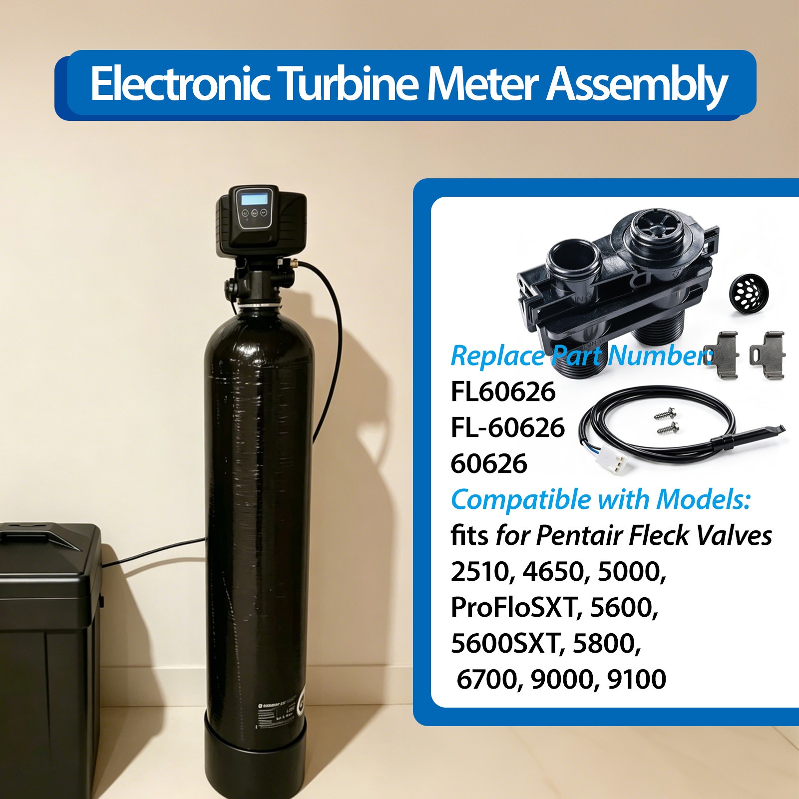 60626 Electronic Turbine Meter Assembly w /1″ NPT Plastic Yoke for Pentair Fleck