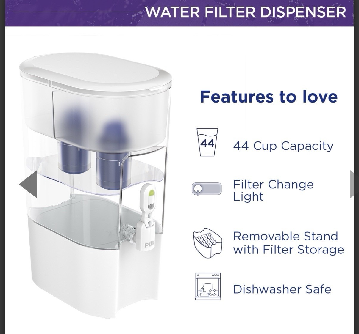 PUR 2.75 Gallon Water Filter Dispenser, White Clear Plastic