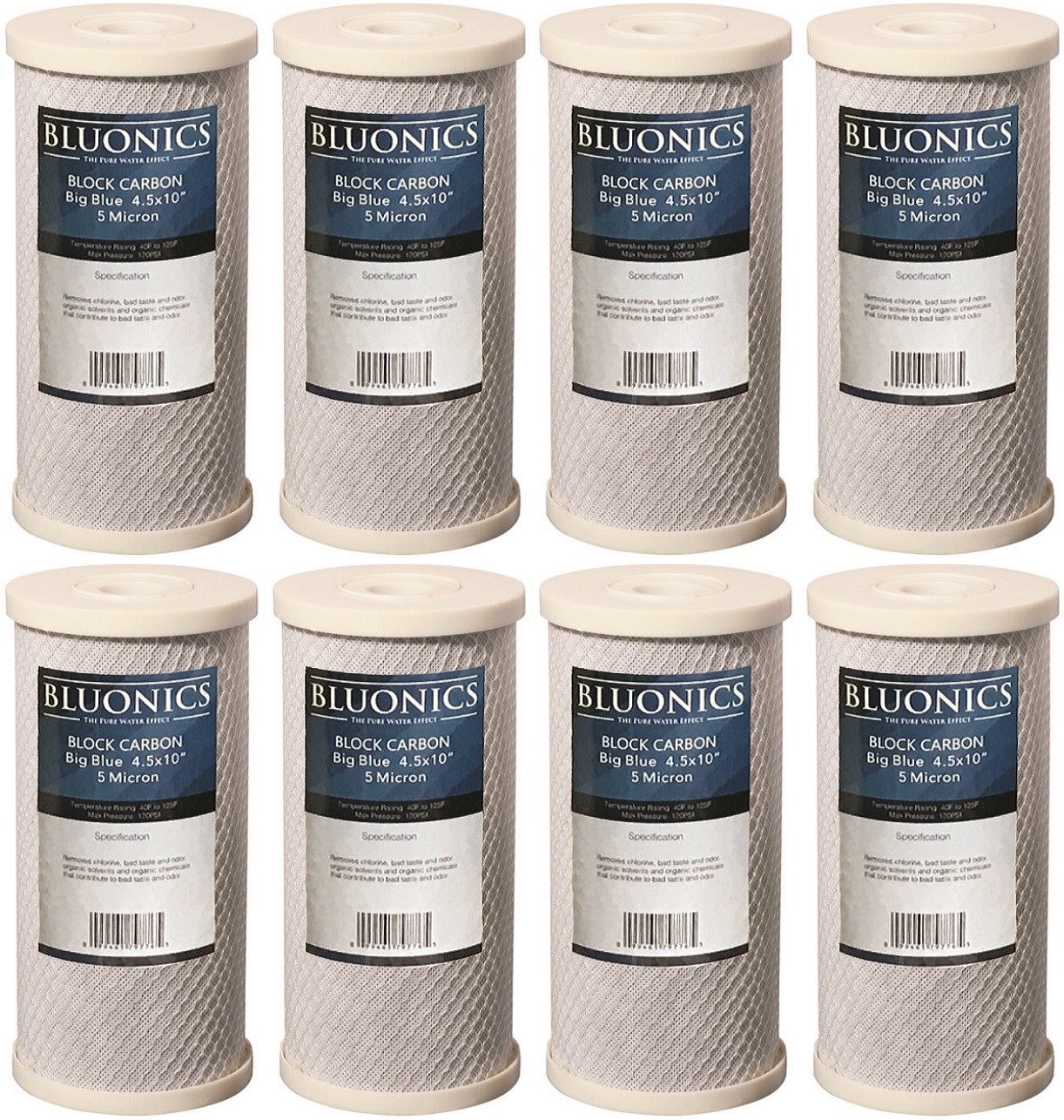 Bluonics CTO Carbon Block Replacement Water Filters 8 Pack 4.5″ x 10″ Cartridges