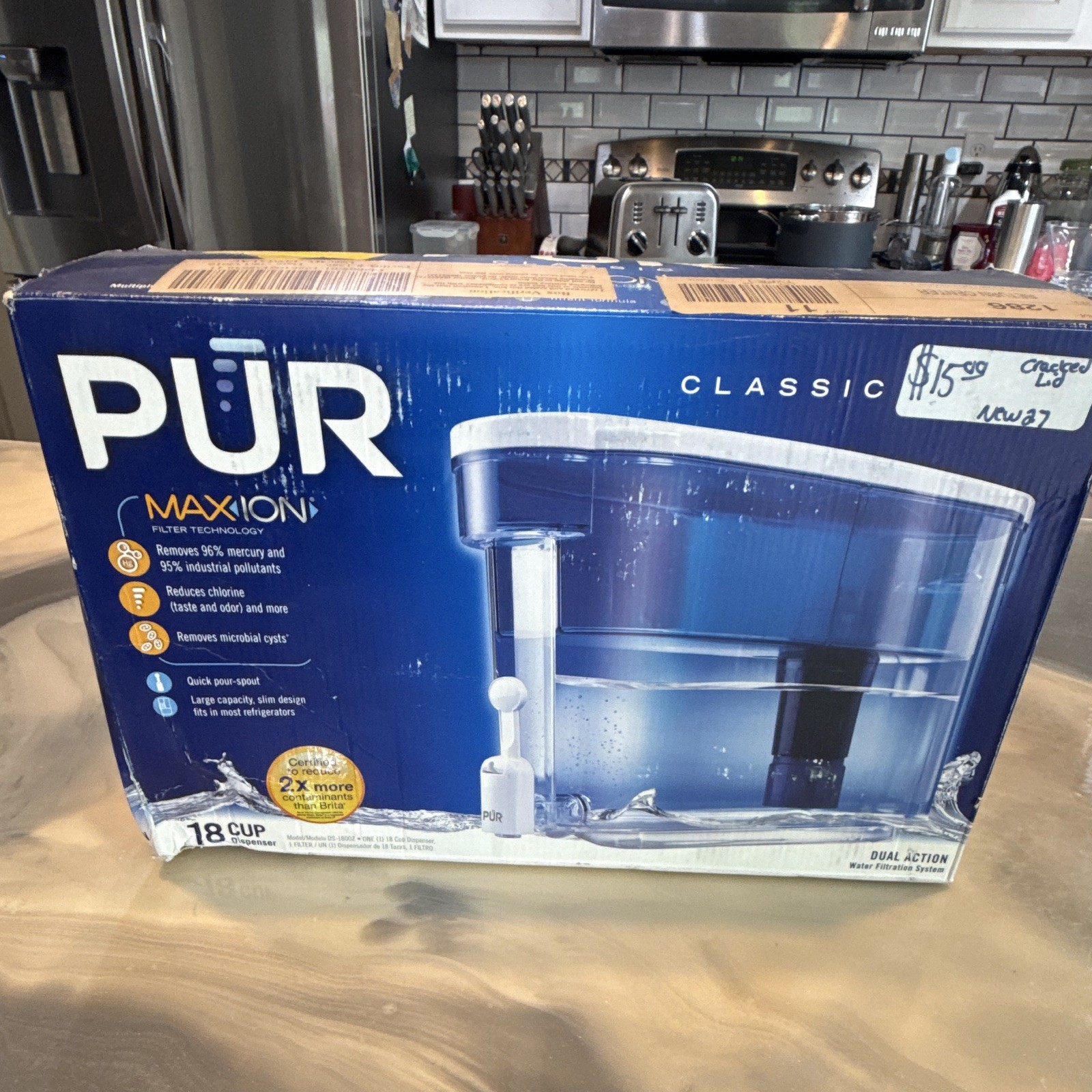 PUR Classic 18 Cup Water Filtration Dispenser Blue/White, Carbon/Ion Exchange