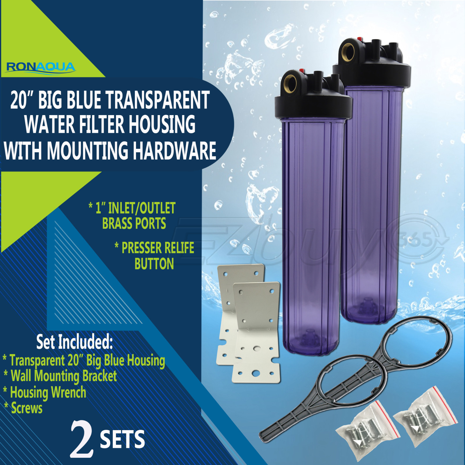 2 Transparent Big Blue Housings 20″ for Whole House Water Filtration System.