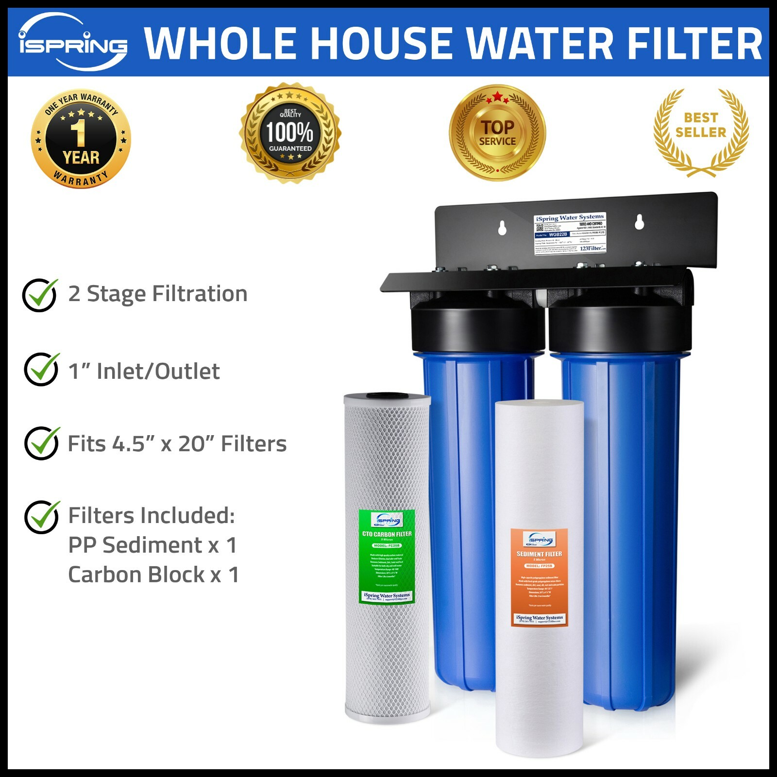 iSpring 2 stage Under Sink Whole House Water Filter System Carbon, Sediment,Blue