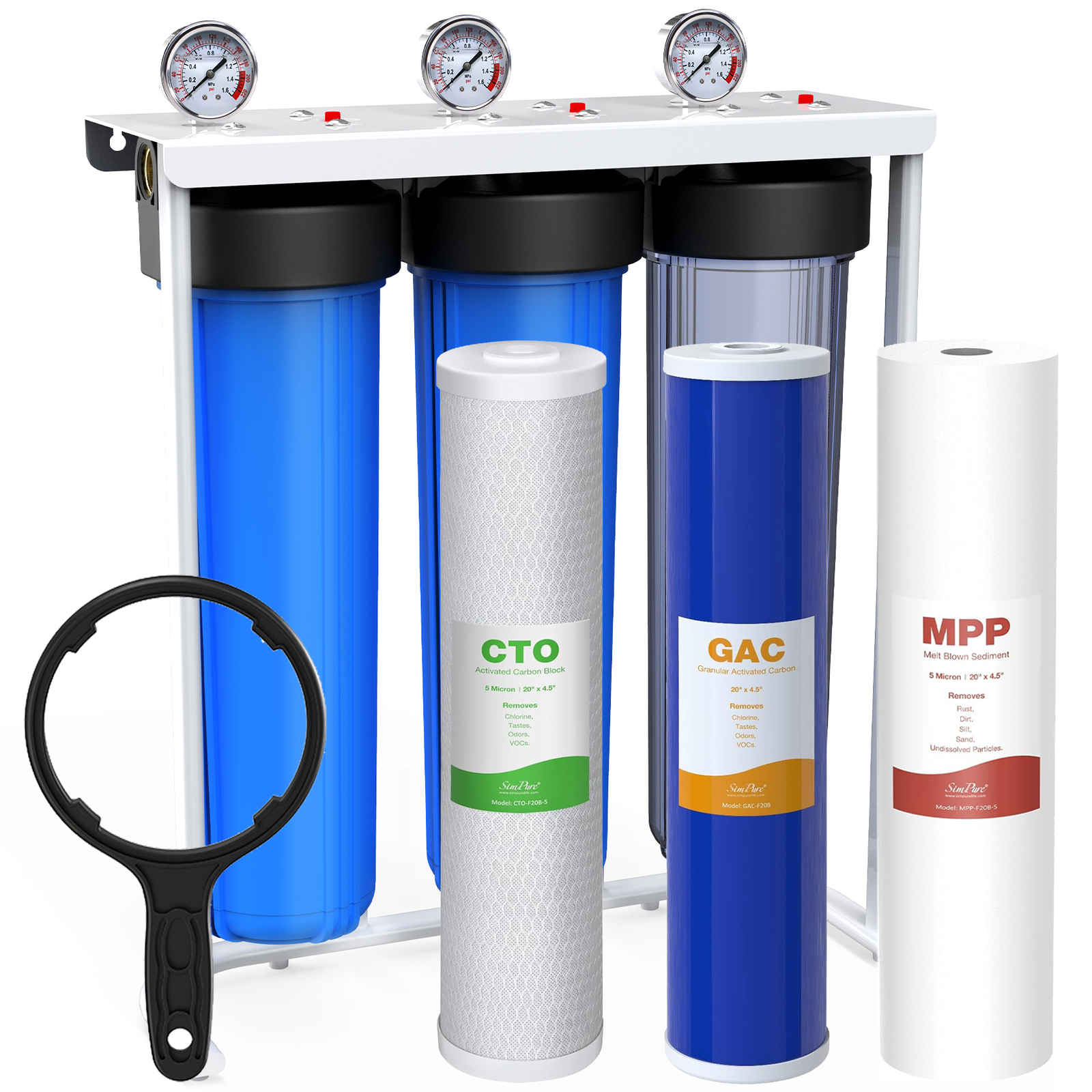 20″ PP+GAC+CTO Big Blue 3-Stage Whole House Water Filter System Pressure Gauges