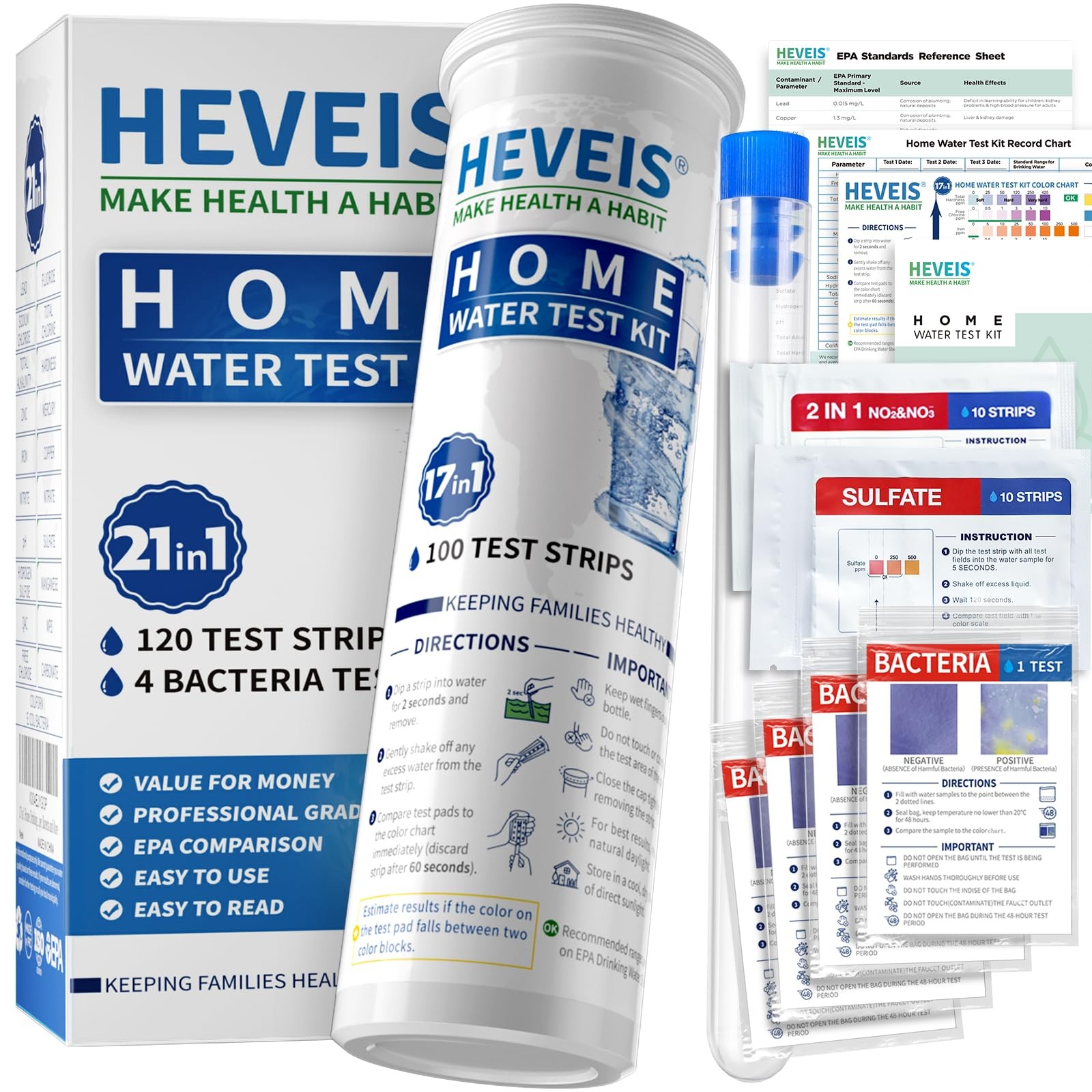 Home Water Test Kit: 120 Strips + 4 Bacteria Tests for Tap & Well Water