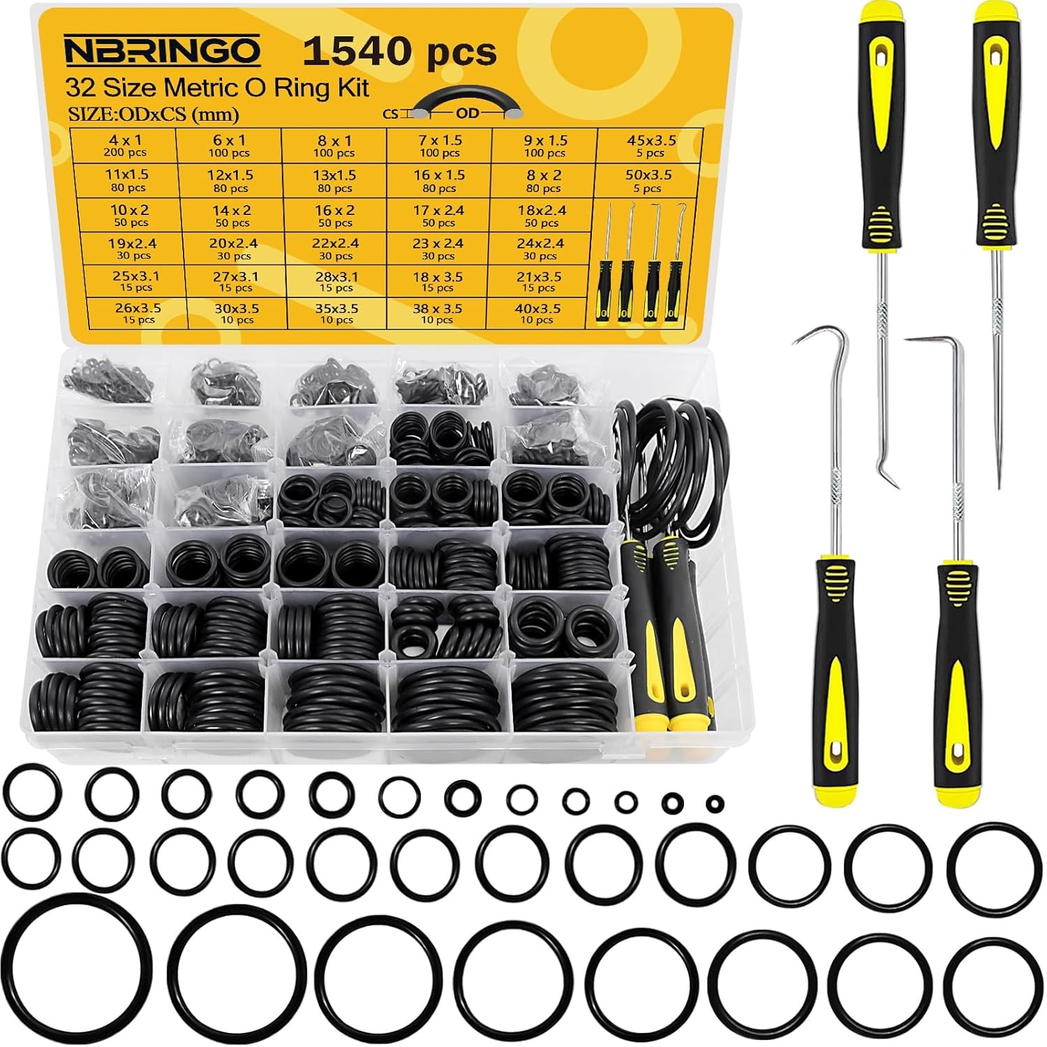 NBRINGO 1540 PCS O Ring Assortment Kit with 4 Pick & Hook Tools – 32 Black