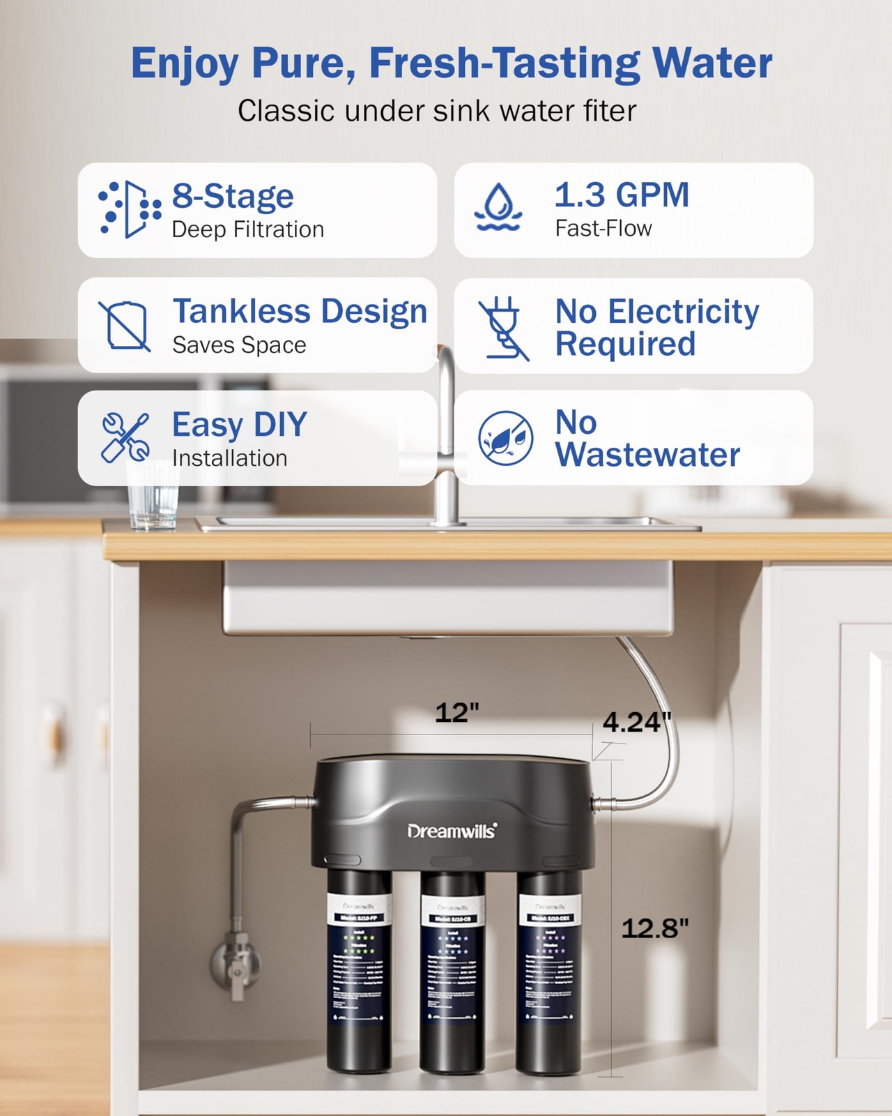 Dreamwills 8-Stage Under Sink Water Filter System Sj10 High-Flow 1.3 Gpm Under