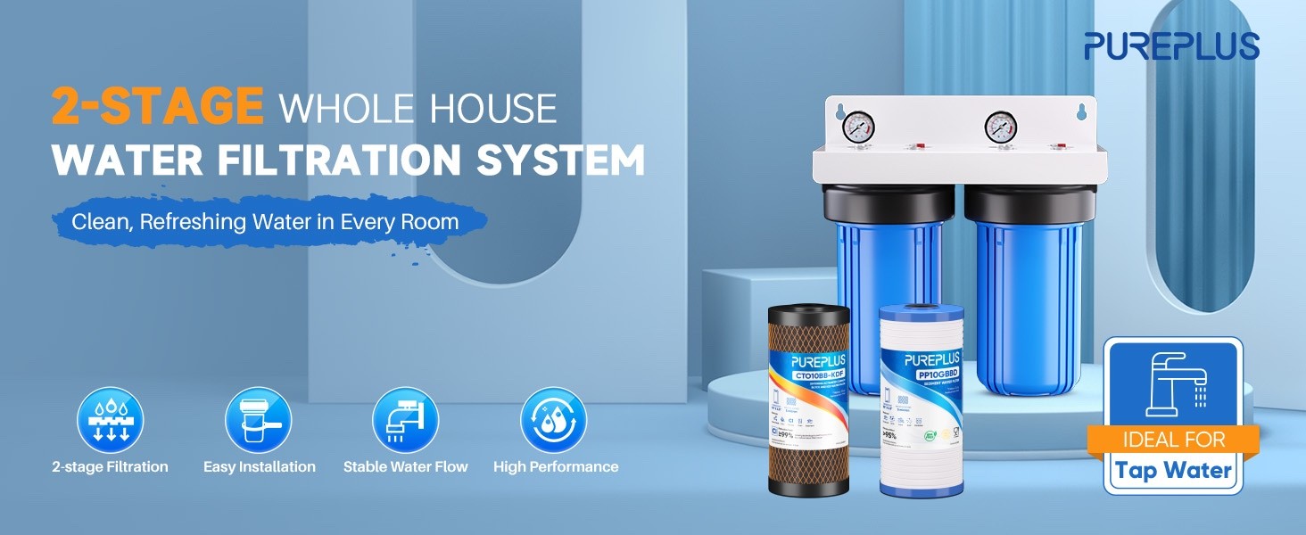 2-Stage Whole House Water Filtration System Reduces Chlorine, Odor, Heavy Metals
