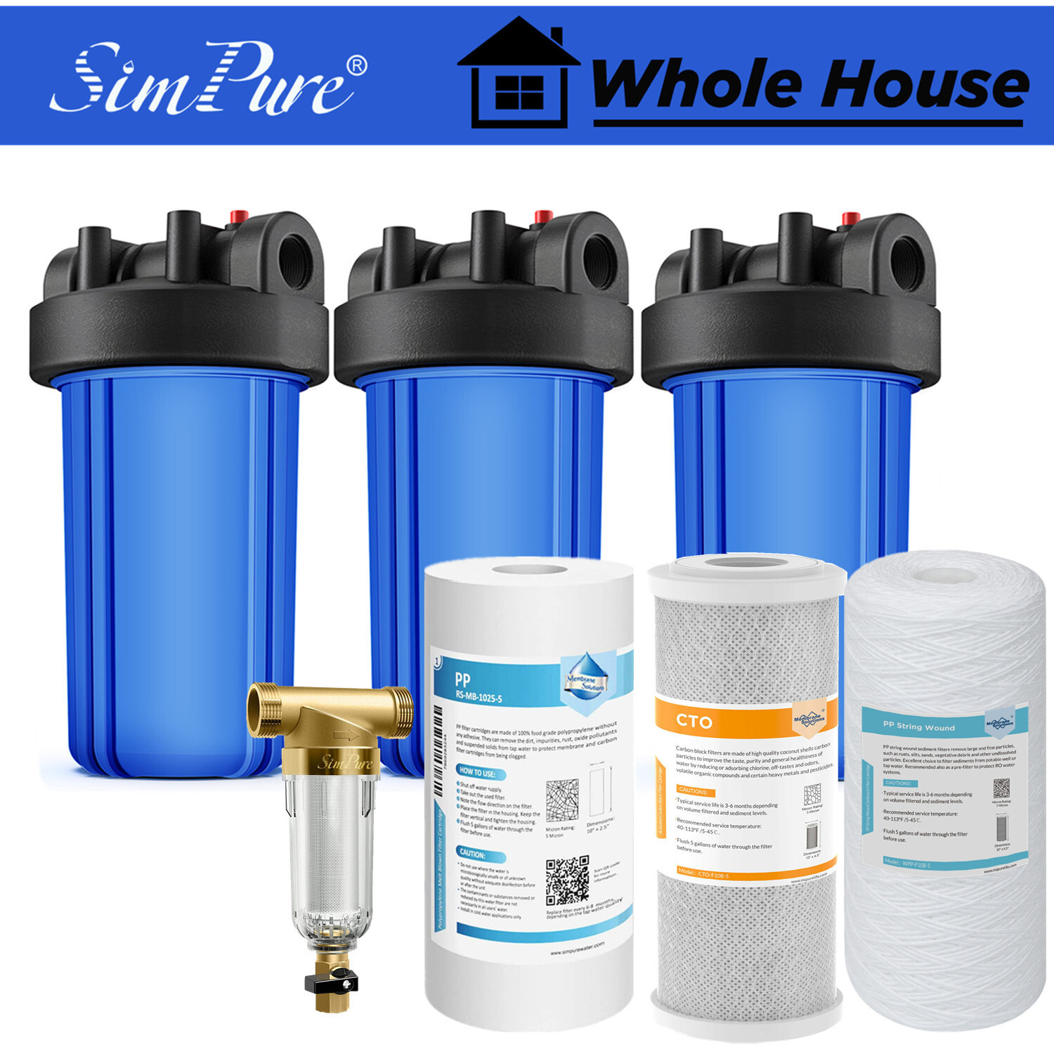 Whole House Water Pre-Filter System + 3 Stage 10″ Big Blue Housing w/ Cartridge