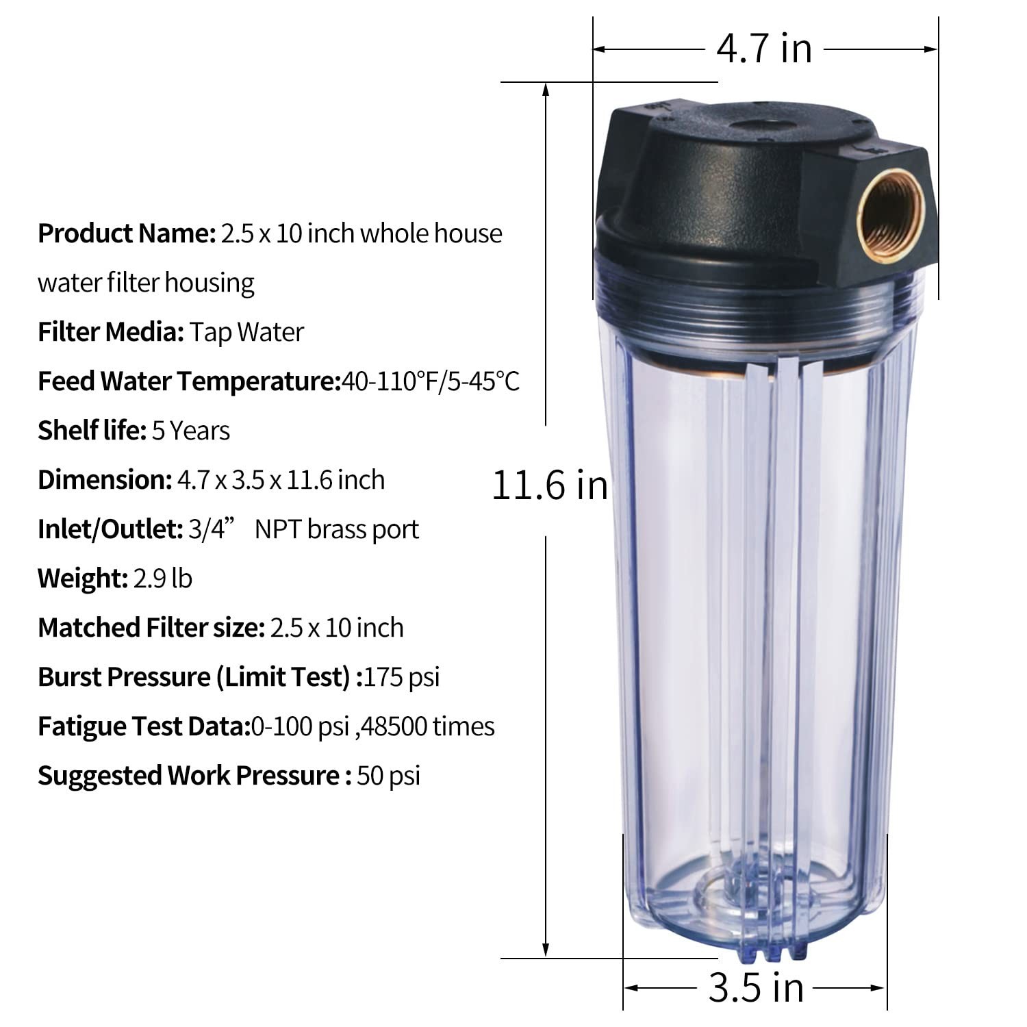 Geekpure 10-Inch Whole House Slim Water Filter Housing with Pressure Relief V…