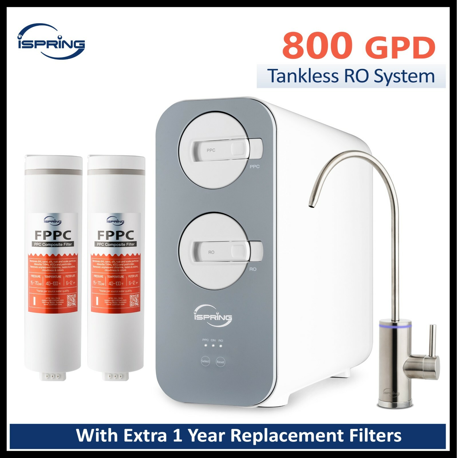 iSpring Reverse Osmosis Drinking Water Filtration System Tankless 800 GPD RO TDS