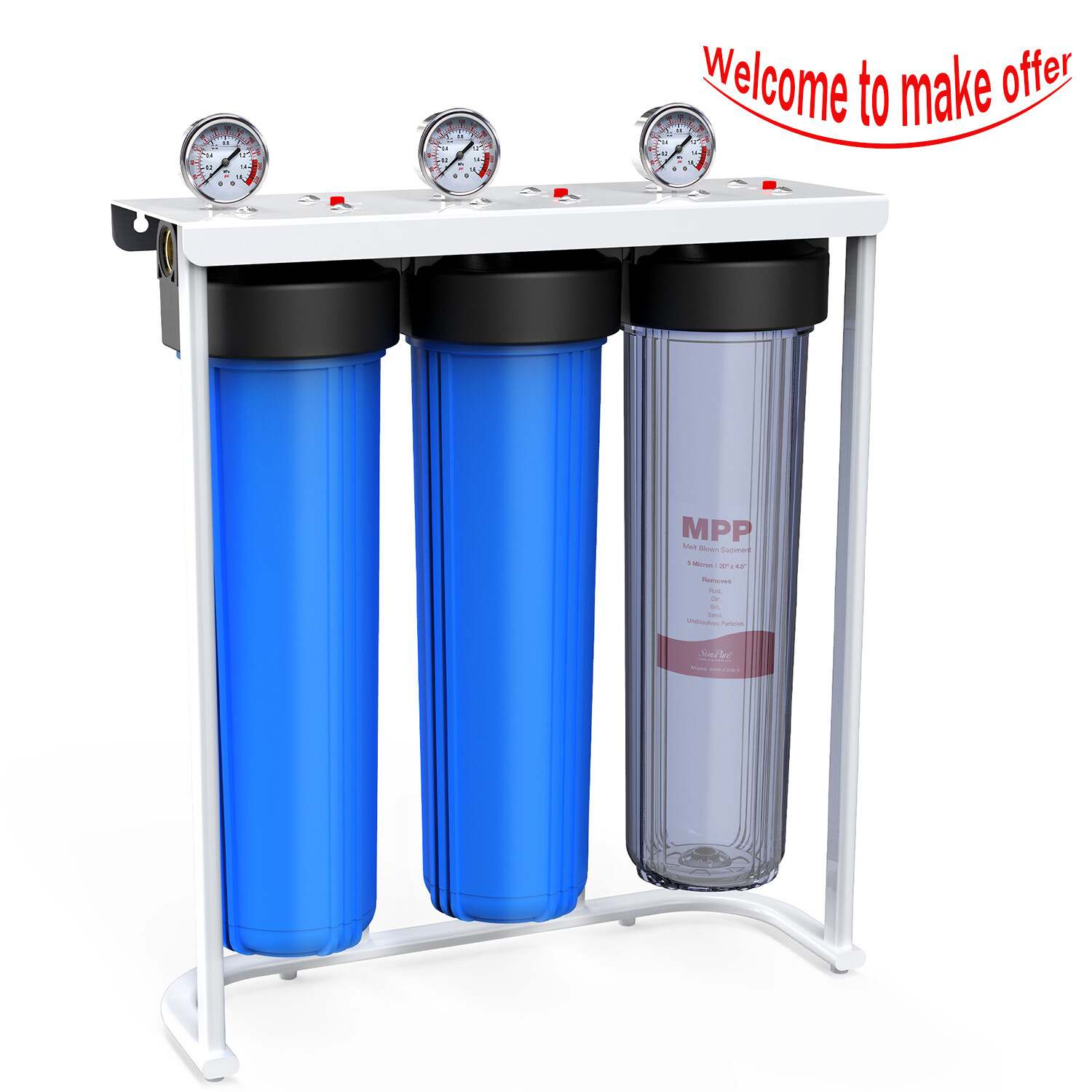 Whole House Water Filter System 4.5″ x 20″ Three Stage Filtration 1″ Port