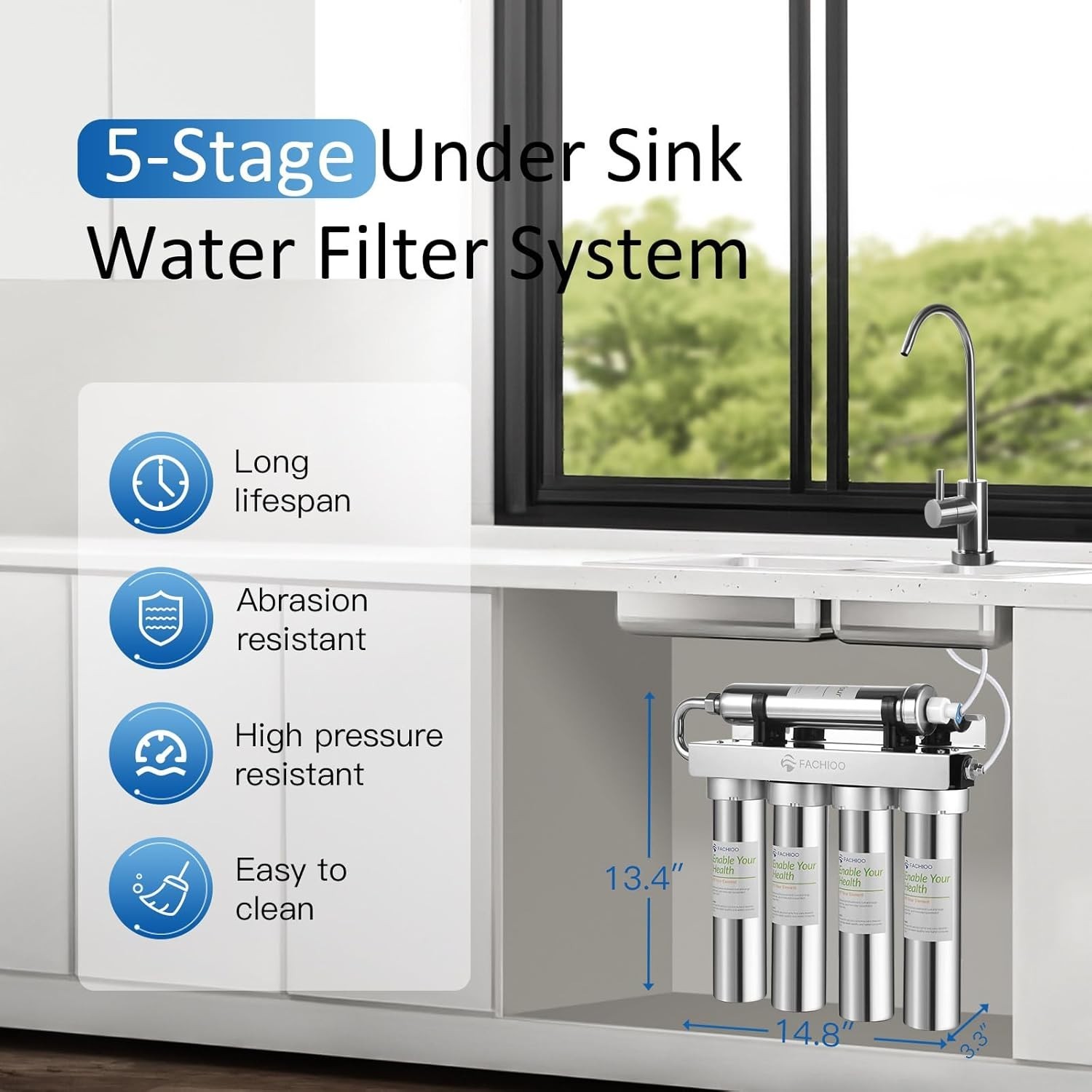 fachioo 0.01μm Ultra-Filtration Under Sink Water Filter System Stainless Steel