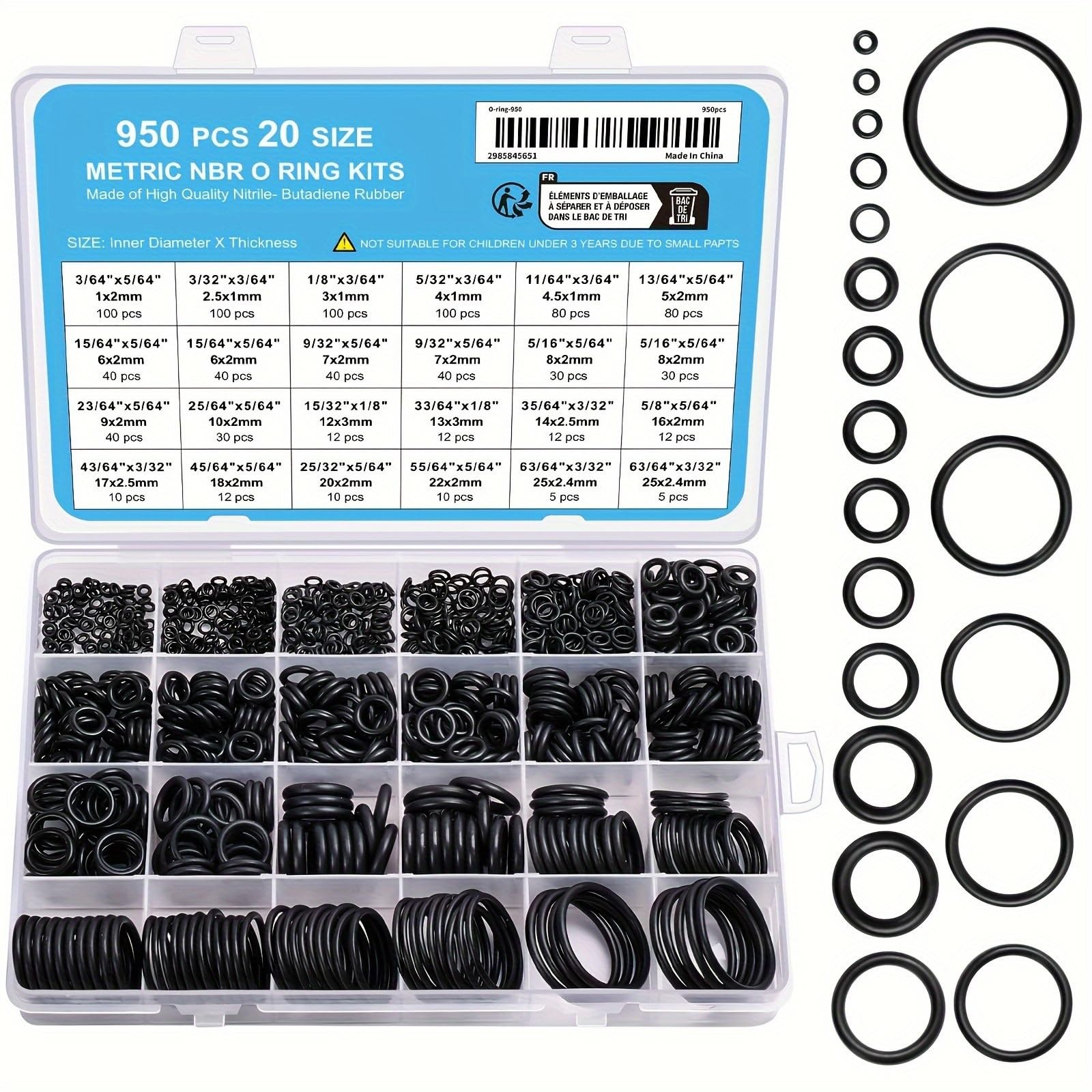 Gofira 950Pcs of 20 Varieties O-Ring Seal Kit in Nitrile Rubber Black