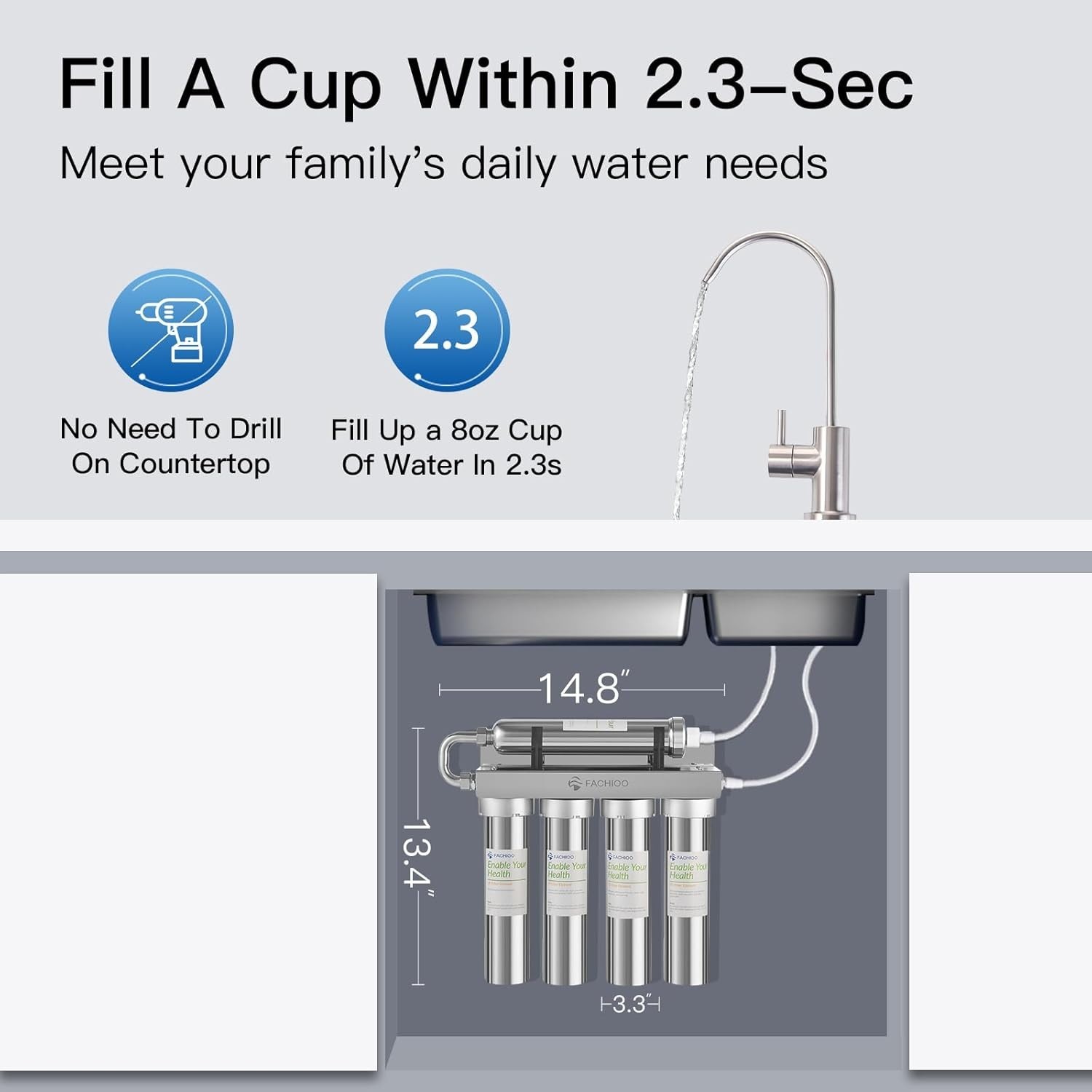 fachioo 0.01μm Ultra-Filtration Under Sink Water Filter System Stainless Steel