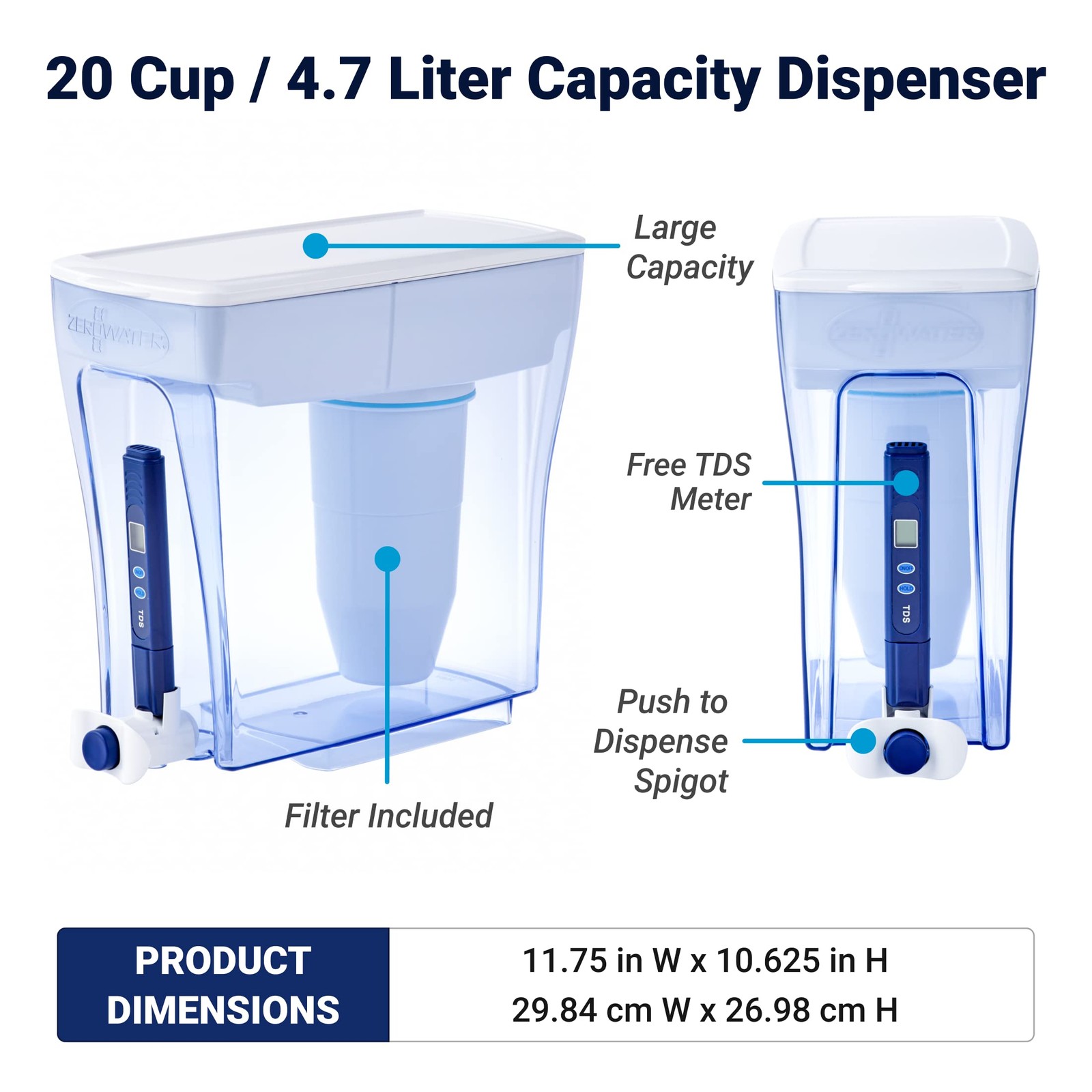 ZeroWater 20-Cup Ready-Pour 5-Stage Water 20-cup Dispenser, White and Blue