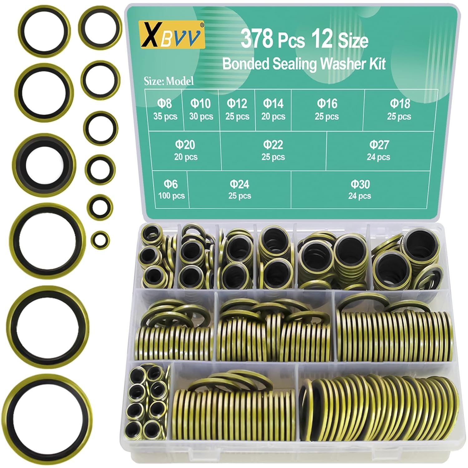 378 Pcs NBR Metal Bonded Sealing Washer Assortment Kit M6 M8 M10 M12 black