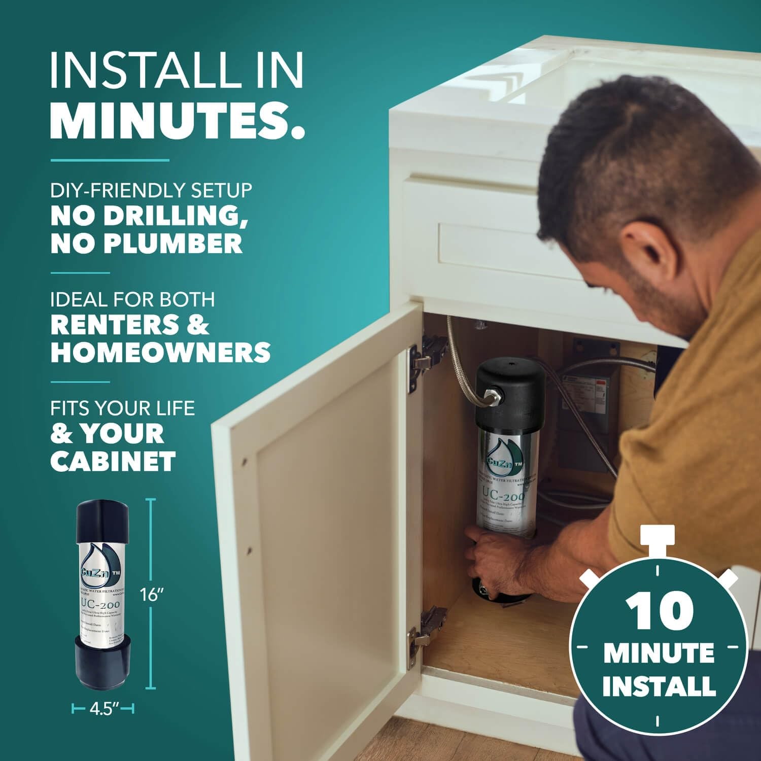 Cuzn Under Sink Water Filter For Sink Faucet 5 Year Filter Life Nsf/Ansi 42 372